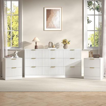 3-Piece Modern Bedroom Furniture Set, Wide 9-Drawer Dresser & 2-Drawer Nightstands Set of 2, Natural Wood Dresser and Nightstand Sets for Bedroom, Hallway, White