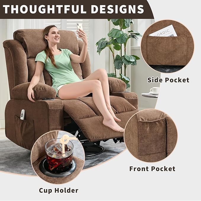 Power 360° Swivel Rocker Recliner with Heat and Massage Oversized Electric Rocking Chair for Big and Tall People with 2 Cup Holders Side Pockets Remote Control USB Charging Port, Brown