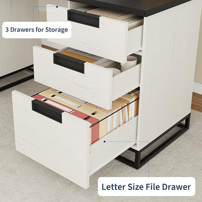 IDEALHOUSE Farmhouse Executive Desk, 59" Computer Desk, White Home Office Desks with File Drawer and Storage Cabinet, Wood Writing Desks for Home Office, Bedroom, White+Black