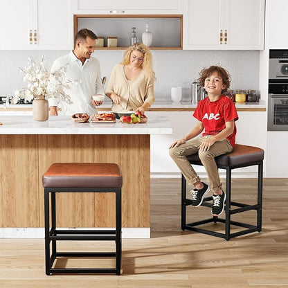 Counter Height Bar Stools Set of 2, 24" Barstools for Kitchen Countertop, Faux Leather Counter Stools with Thick Square Seats & Sturdy Metal Base, Simple Assembly, Brown