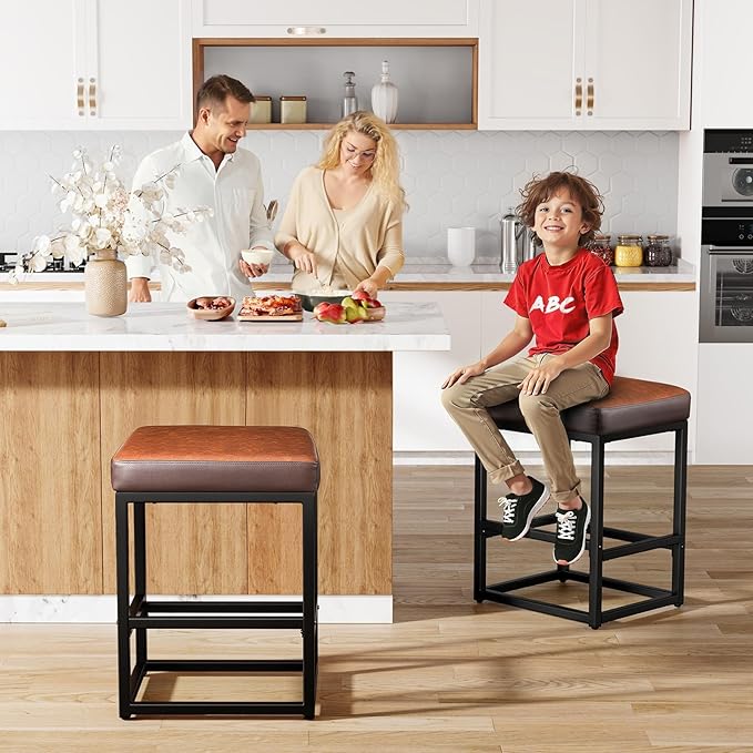 Counter Height Bar Stools Set of 3, 24" Barstools for Kitchen Countertop, Faux Leather Counter Stools with Thick Square Seats & Sturdy Metal Base, Simple Assembly, Brown