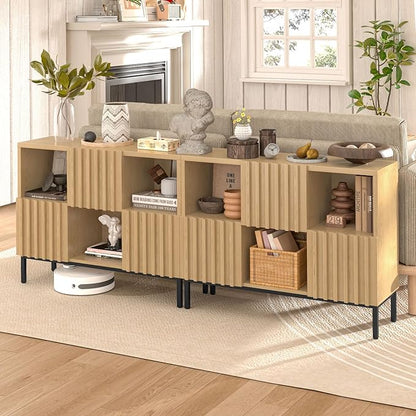 Vabches Fluted Short Bookcase, 6 Cube Storage Organizer with Doors, Modern 2-Tier Open Bookshelf for Home and Office, Wood Floor Standing Display Cabinet Rack, Natural
