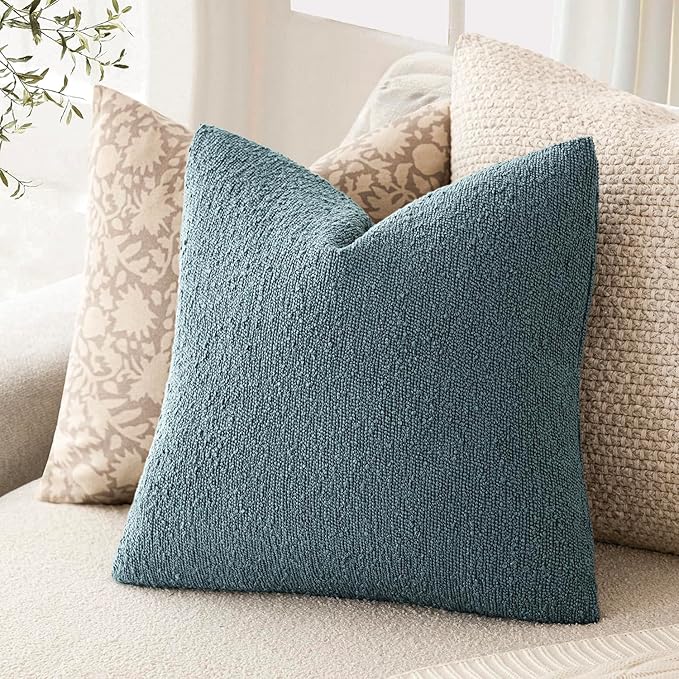 Foindtower Pack of 2, Decorative Textured Boucle Throw Pillow Covers Accent Solid Pillow Cases Soft Cozy Couch Cushion Case for Chair Sofa Bedroom Living Room Home Decor 16x16 Inch Misty Blue