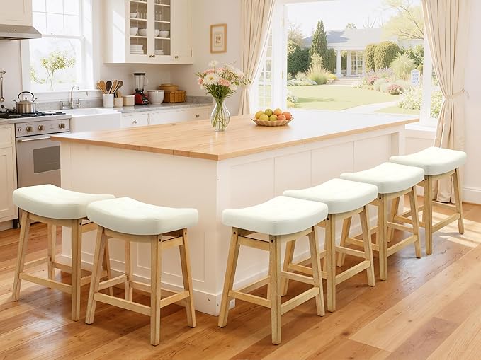 Counter Height Bar Stools Set of 6 for Kitchen Island Modern Barstools with Upholstered Faux Leather Backless Seat and Solid Wood Legs, 24 inch Farmhouse Bar Chairs, White