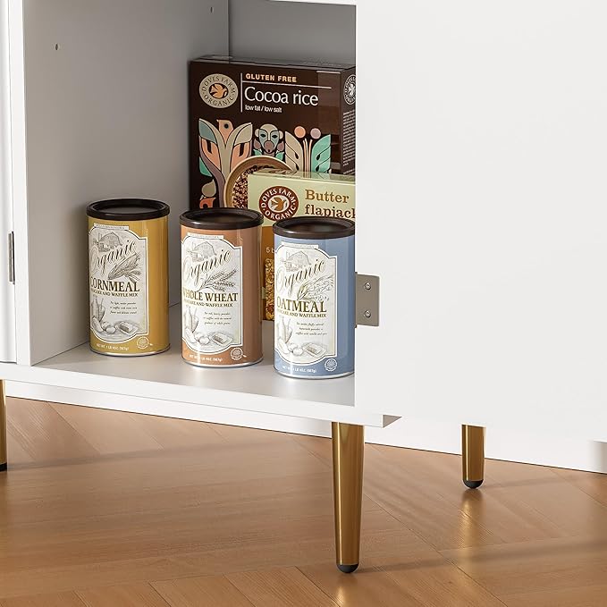Fluted Sideboard Buffet with 3 Doors, Modern Accent Cabinet with Adjustable Shelves, Kitchen Storage Cabinet with Golden Handles, Coffee Bar for Kitchen, Living Room, White