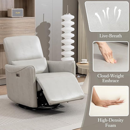 Power Swivel Recliner Chair, Faux Leather Glider Electric Rocking Chair for Adults. Nursery Rocker Single Sofa Chair with Lumbar Support for Living Room. Dual-Port Charging: Type-C&USB, Grey