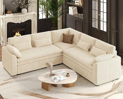 Belffin Large Modular Sectional Sofa with Double 61" Loveseat, Corduroy Corner Couch with 9" Soft Dual-Layer Seats Cushion for Living Room, Apartment, Small Sapce, Beige