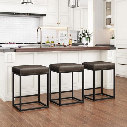 PHI VILLA Grey Leather Bar Stools Set of 4, Backless Counter Height Chairs, 24 inch Barstools for Kitchen Island