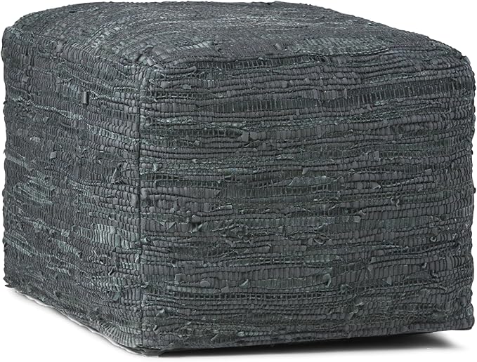 SIMPLIHOME Fredrik Boho Square Pouf in Grey Woven Genuine Leather for the Living Room, Bedroom and Kids Room