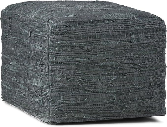 SIMPLIHOME Fredrik Boho Square Pouf in Grey Woven Genuine Leather for the Living Room, Bedroom and Kids Room