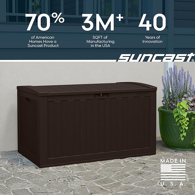 Suncast 134-Gal. Waterproof Resin Extra-Large Outdoor Patio Deck Box with Pad-Lockable Lid, Modern Outdoor Patio Bench/Storage Box for Cushions, Garden Tools, and More, Java