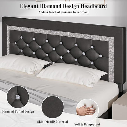 BarnFurin Queen Bed Frame with Diamond Tufted Headboard, Faux Leather Upholstered Bed with Wooden Slats Support, No Box Spring Needed, Mattress Foundation, Easy Assembly, Grey