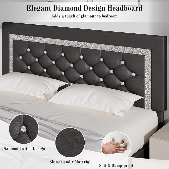 BarnFurin Full Bed Frame with Diamond Tufted Headboard, Faux Leather Upholstered Bed with Wooden Slats Support, No Box Spring Needed, Mattress Foundation, Easy Assembly, Gray