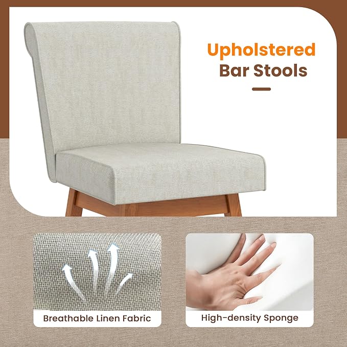 COSTWAY Swivel Bar Stools Set of 2, 27" Counter Height Bar Chairs with Rubber Wood Legs, Upholstered Linen Barstools with Back & Cushioned Seat, for Kitchen Island, Home, Beige (2,Beige)