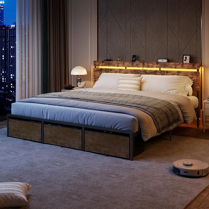 Forestell King Size Bed Frame with Wood Headboard, Metal Platform Bed with 3 Storage Drawers & Shelf, Built-in Charging Station & LED Lights, No Box Spring Needed, Vintage Brown, Camas King