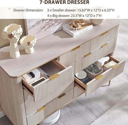 T4TREAM Fluted 9 Drawers Dresser, Modern Wooden Top Chest of Drawers with Curved Profile Design, Dresser TV Stand Drawer Organizers for Bedroom, Living Room, Hallway(White Alder)