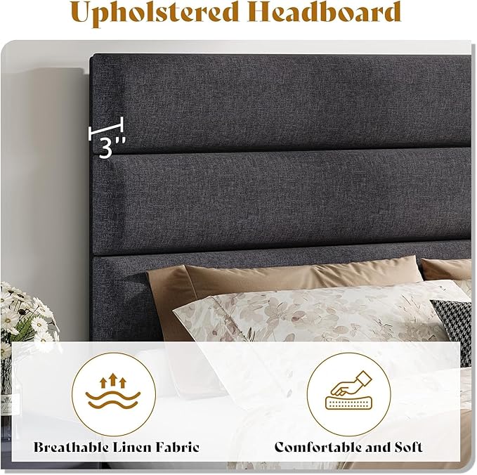 AMERLIFE Queen Size Bed Frame with Linen Upholstered Headboard, Modern Platform Bed with Wooden Slats Support, Noise-Free, No Box Spring Needed, Easy Assembly, Grey