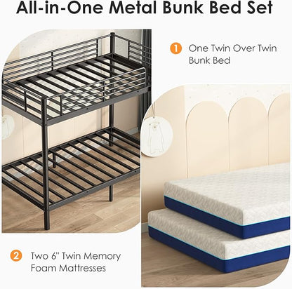 SDHYL Twin Over Twin Bunk Bed with Two Mattresses, All-in-One Metal Bunk Bed Set for Adults, Heavy Duty Sturdy Frame, 6 Inch Twin Memory Foam Mattresses Included, Idea for Dorms & Small Rooms