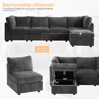 TEKAMON 123" Modular Sectional Sofa,Extra Large Comfy Cloud 4-Seat Deep Seat, Reversible Chaise Modular Sectional Couches for Living Room and Apartmenr,Grey