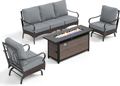 PHI VILLA Patio Furniture Set with 56" Fire Pit Table, Premium Outdoor Wicker Metal Frame Furniture with Upgraded Waterproof Thick Cushions for Porch, Poolside, Deck, and Yard （4 Pieces,Grey