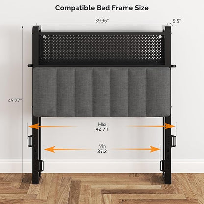 VINGLI Twin or Twin XL Size Headboard, Adjustable Upholstered Headboard with 2 Tier Shelves and Pegboard with Charging Stations and LED Lights, Modern Bed Headboard with Storage for Bedroom Decor