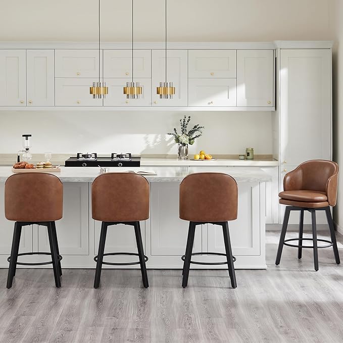 Counter Height Barstools 26 inch Upholstered Swivel Bar Stools with Back and Wood Legs for Kitchen Island,Set of 1,Brown PU Leather