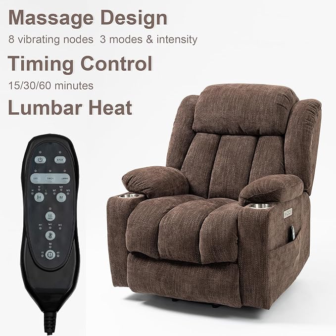 Power Lift Recliner Chair, 350lb Capacity with 8-Point Massage & Heating, USB/Type-C Ports & Cup Holders, Heavy Duty Chenille Recliner for Elderly, Brown