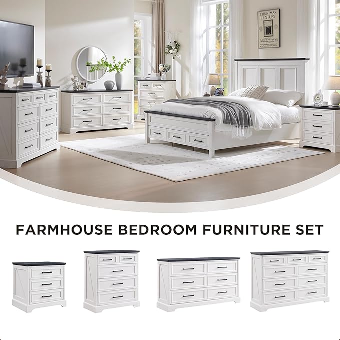 ACCOHOHO Farmhouse King Size Bed Frame with 52" Tall Headboard, Wood Platform Bedframe with Footboard and Storage Drawers, No Squeak, No Box Spring Needed, Off White