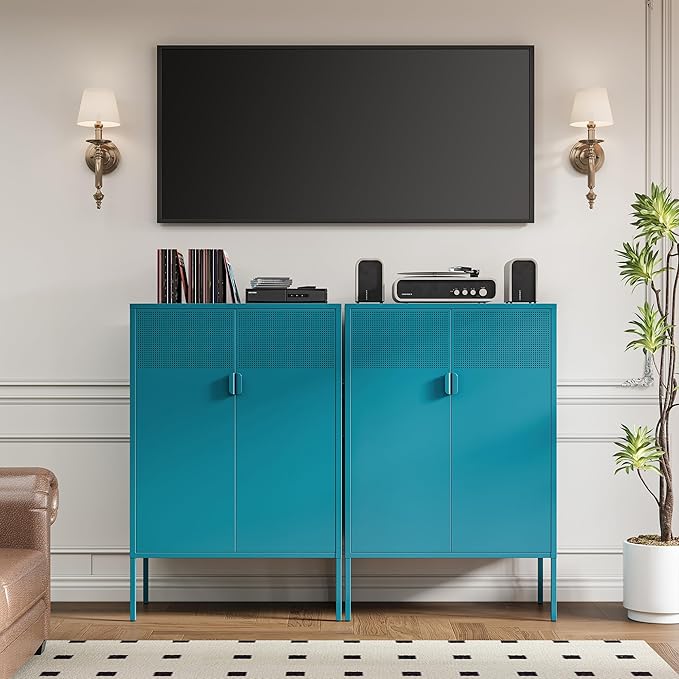 Blue Metal Storage Cabinet - 3 Tier Steel Office Storage Cabinet with Doors and Shelves for Home, Office and Kitchen