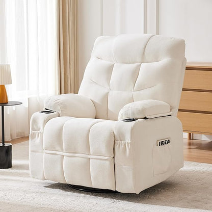 Manual Rocker Recliner Chair, 360°Swivel Recliner Chairs for Adults, Single Recliner Seat with Cup Holders,Upholstered Fabric Lazy Boy Recliner,White