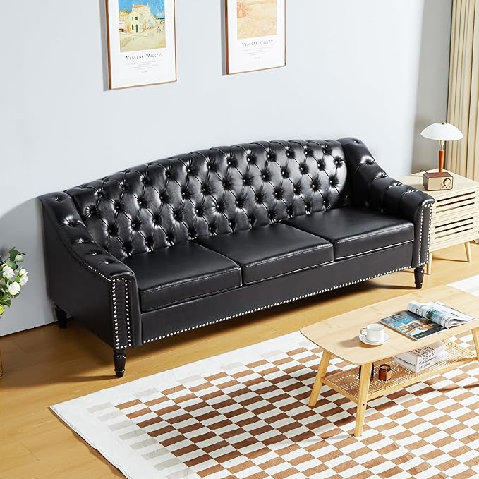 LEVNARY Mid-Century Modern Leather Couch, 80" Large Upholstered Sofa with High Back, Chesterfield Sofa Sleeper Settee with Solid Wood Legs, Tufted 3 Seater Wide Couches for Living Room Office (Black)