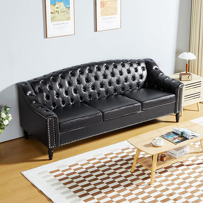 LEVNARY Mid-Century Modern Leather Couch, 80" Large Upholstered Sofa with High Back, Chesterfield Sofa Sleeper Settee with Solid Wood Legs, Tufted 3 Seater Wide Couches for Living Room Office (Black)