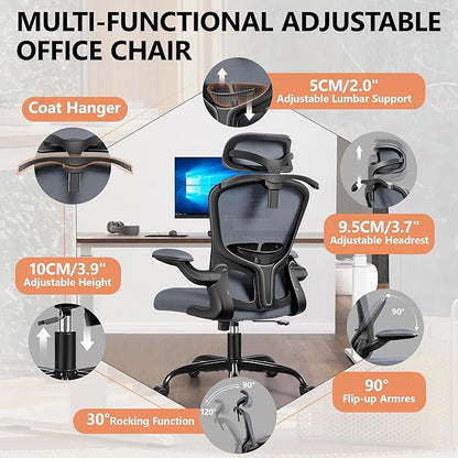 FelixKing Ergonomic Office Desk Chair with Headrest, Adjustable Lumbar Support, Height and Swivel, Comfy Task Chair with Flip-up Armrests, Ergo Mesh Backrest for Working Dark Gray