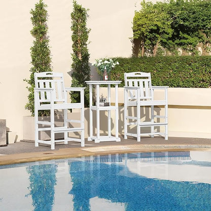 HDPE Outdoor Patio Bar Set with Bar Height Table and 2 Adirondack Chairs, All-Weather High Top Outside Round Pub Furniture for Bistro, Garden, Backyard, Deck | 3-Pieces, White