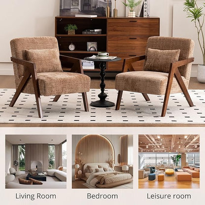 Mid-Century Modern Accent Chair with Solid Wood Frame，Upholstered Chenille Living Room Arm Chairs with Pillow for Bedroom, Living Room, Reading Room, Balcony, Brown