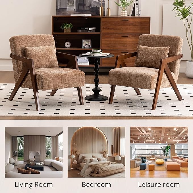 Mid-Century Modern Accent Chair Set of 2 with Solid Wood Frame，Upholstered Chenille Living Room Arm Chairs with Pillow for Bedroom, Living Room, Reading Room, Balcony, Brown