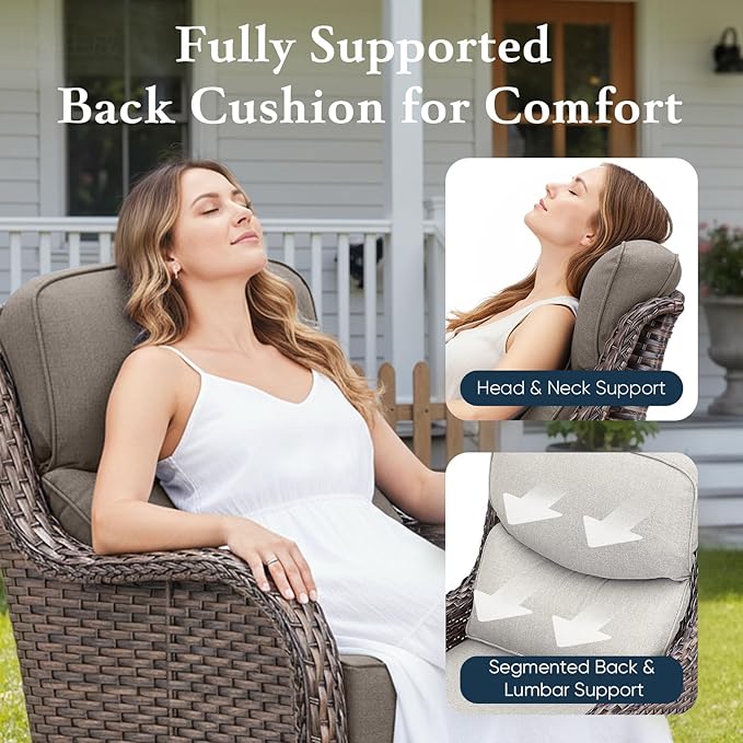 Belord Luxury 6" Thick Cushioned 5 Pieces Patio Furniture Set with 2 Ottomans, Wicker Outdoor Conversation Set with High Back Swivel Rocker Patio Chairs for Deck Porch Yard and Poolside - Brown+Grey