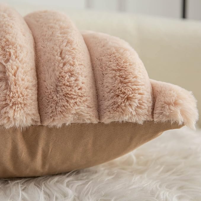 Neelvin Camel Faux Fur Cozy Soft Striped Decorative Throw Pillow Covers 20x20 inch Set of 2,Velvet Pillowcase Cushion Case for Sofa Couch