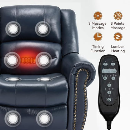 Luxlen Power Lift Recliner Chair for Elderly, Dual Motor Massage Recliner with Lumbar Heat, Heavy Duty Motion Mechanism Lift Chair with Charge Ports, Genuine Leather - Blue