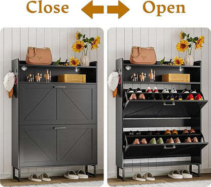 Shoe Storage Cabinet with 2 Flip Drawers, Narrow Wood Shoe Cabinet Storage for Entryway with Metal Legs & Hooks, Adjustable Shelves, Freestanding Shoe Rack Organizer for Foyer, Hallway, Black