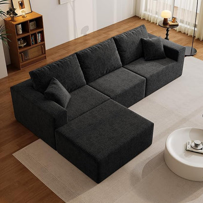 110" Boneless Cloud Sectional Couch for Living Room, Compressed Modular L-Shaped Sofa with Deep Seat, Frameless Corduroy Couch in Boxes, No Assembly Required 3-Seater (Right-Facing Chaise, Black)