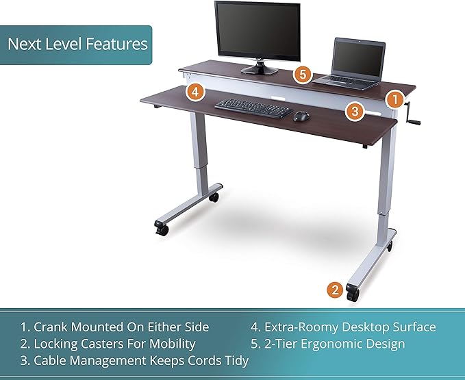 S STAND UP DESK STORE Crank Adjustable Tier Standing Desk with Heavy Duty Steel Frame (Silver Frame/Dark Walnut Top, 48in Wide)