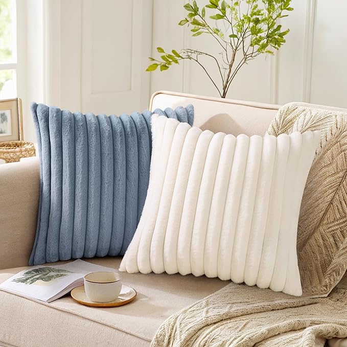 Pallene Faux Fur Plush Throw Pillow Covers 24x24 Set of 2, Luxury Soft Fluffy Striped Decorative Pillow Covers for Sofa, Couch, Living Room, Blue Grey