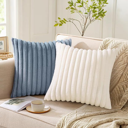 Pallene Faux Fur Plush Throw Pillow Covers 16x16 Set of 2, Luxury Soft Fluffy Striped Decorative Pillow Covers for Sofa, Couch, Living Room, Blue Grey