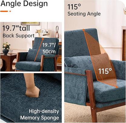 Accent Chair Mid-Century Modern with Lumbar Support Pillow, Upholstered Living Room Chairs with Wooden, Chenille Armchair with Cushion, Anthropologie Side Chair for Bedroom, Navy