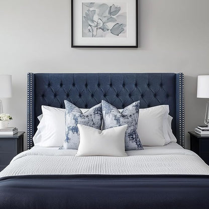 Madison Park King Button Tufted Headboard, Adjustable Upholstered Wingback Headboard, Nailhead Trim, Wooden Frame, Black Metal Legs, Flush Flat Back, Vintage Bedroom Décor - Navy Amelia