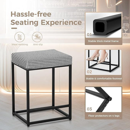 MAISON ARTS Bar Stools Set of 2 | Counter Height Bar Stools for Kitchen Island | 24" Backless Modern Bar Height Stools with Black & White Houndstooth Pattern