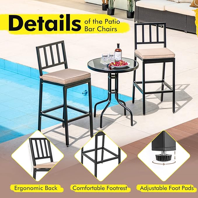 COSTWAY 2 PCS Patio Bar Chairs, Heavy-Duty Metal Frame Bar Stools Set of 2, Indoor Outdoor All-Weather Resistant Barstools with Detachable Cushion & Footrest, for Patio, Garden, Poolside