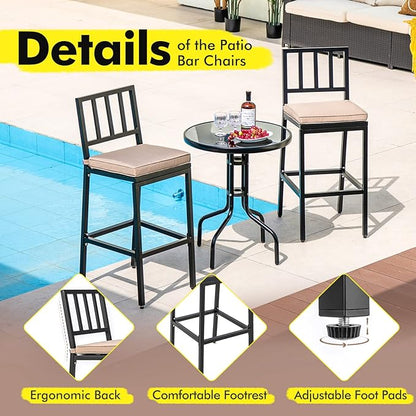 COSTWAY 2 PCS Patio Bar Chairs, Heavy-Duty Metal Frame Bar Stools Set of 2, Indoor Outdoor All-Weather Resistant Barstools with Detachable Cushion & Footrest, for Patio, Garden, Poolside