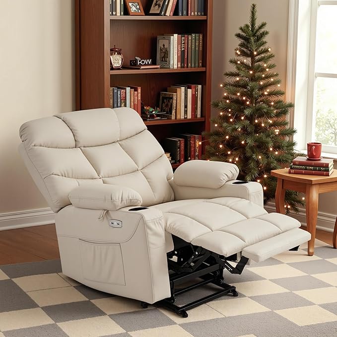 MCombo Oversized Power Lift Recliner Chair with Extended Footrest for Elderly People, Faux Leather R7289 (Cream White, Oversize)